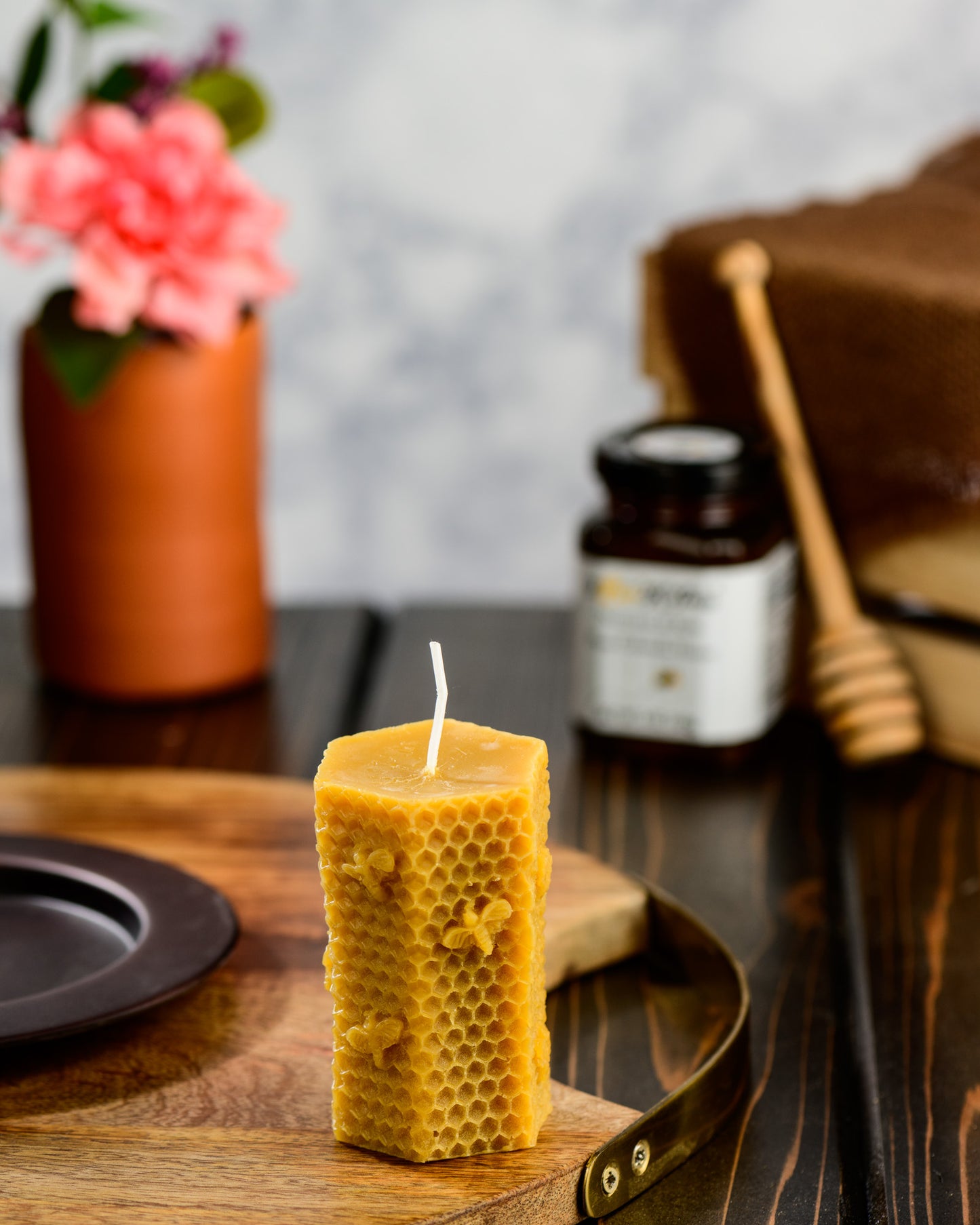 Hexagon Honeycomb with Bees Pillar Beeswax Candle