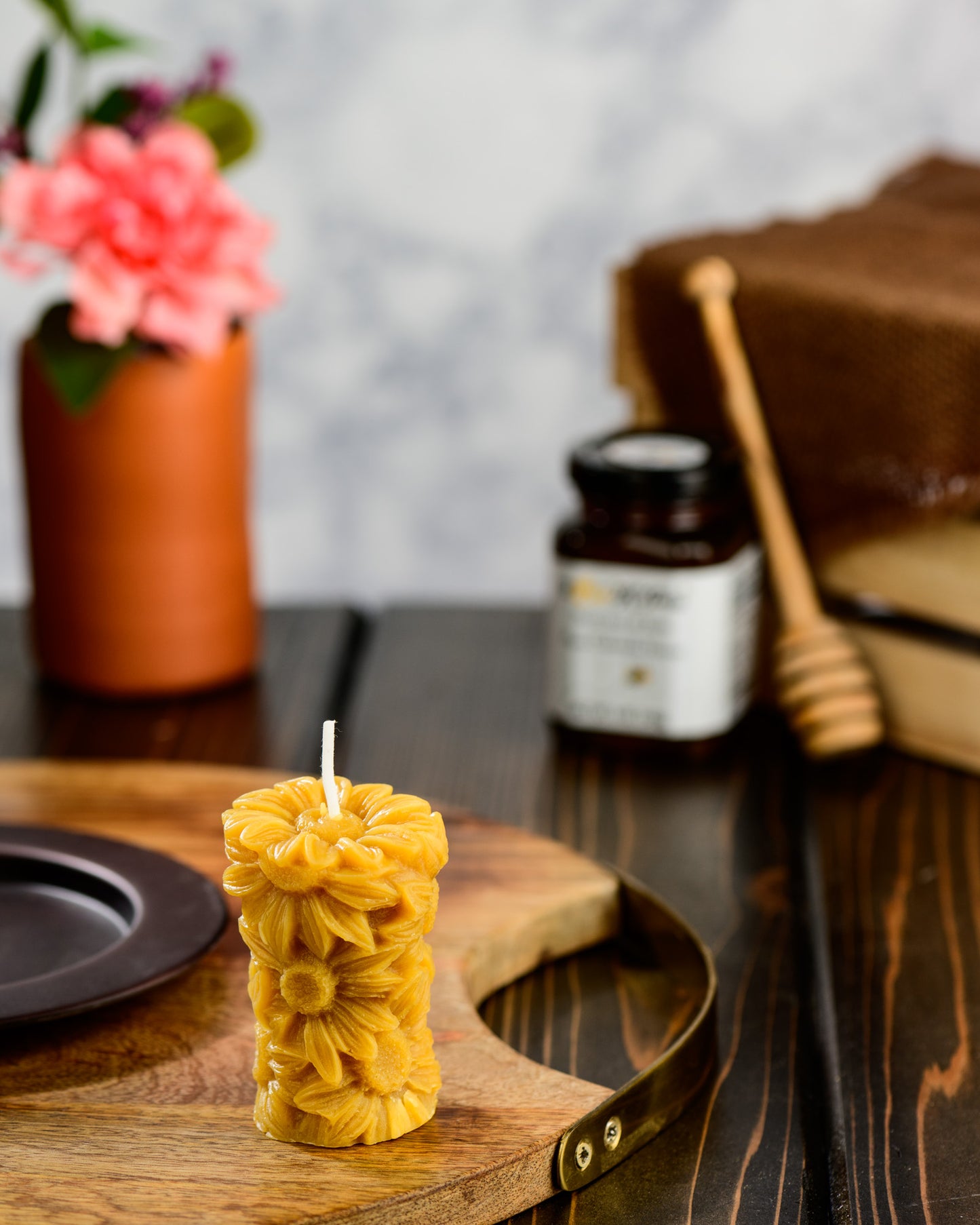 Sunflower Pillar Beeswax Candle