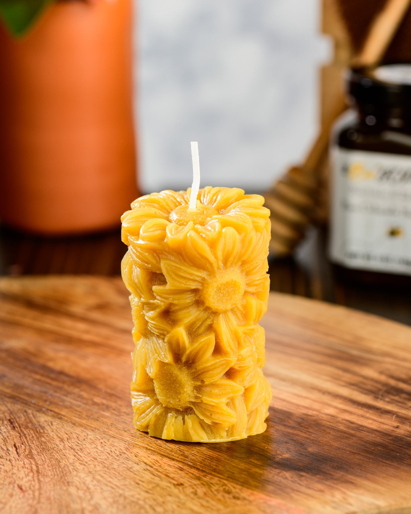 Sunflower Pillar Beeswax Candle