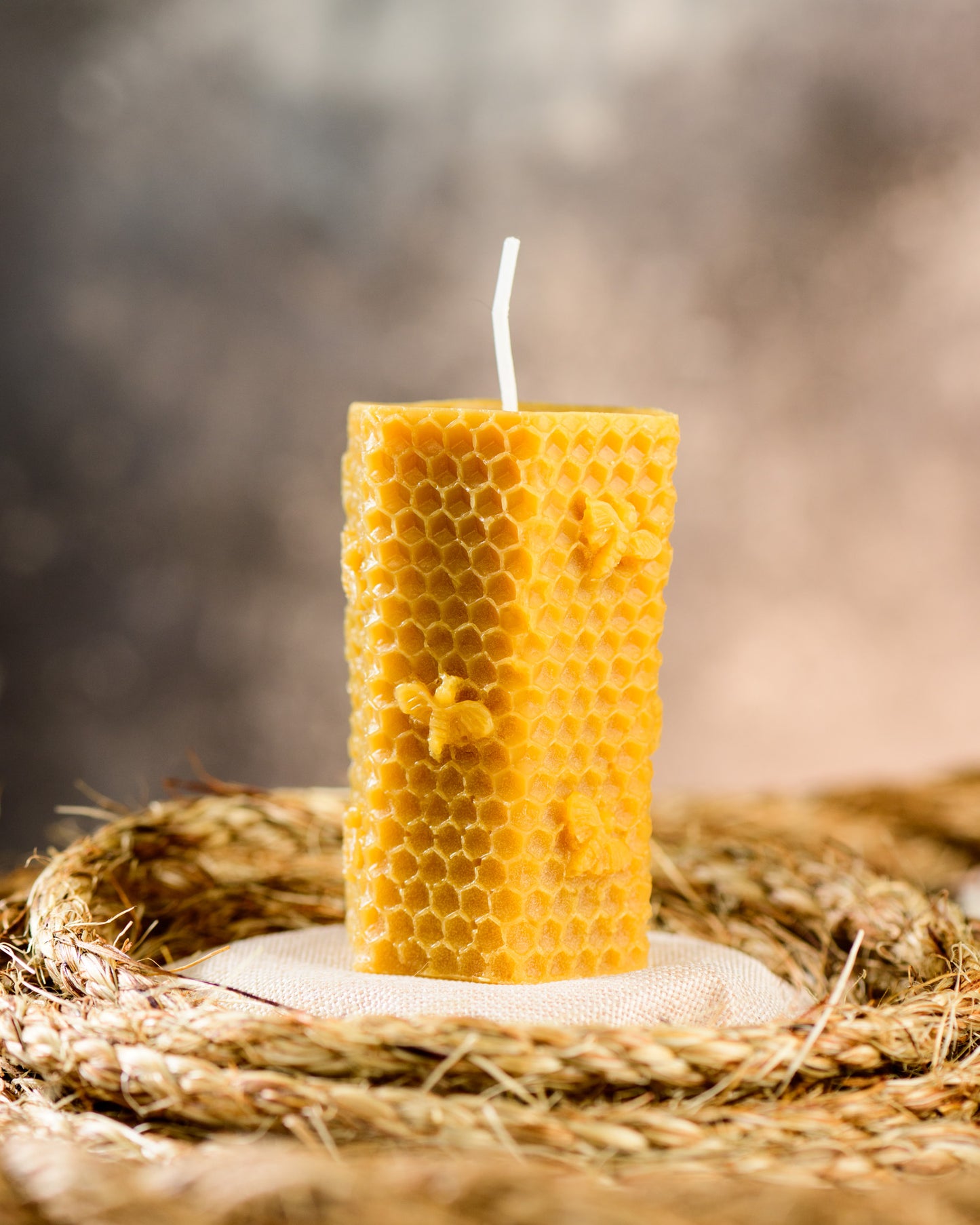 Hexagon Honeycomb with Bees Pillar Beeswax Candle